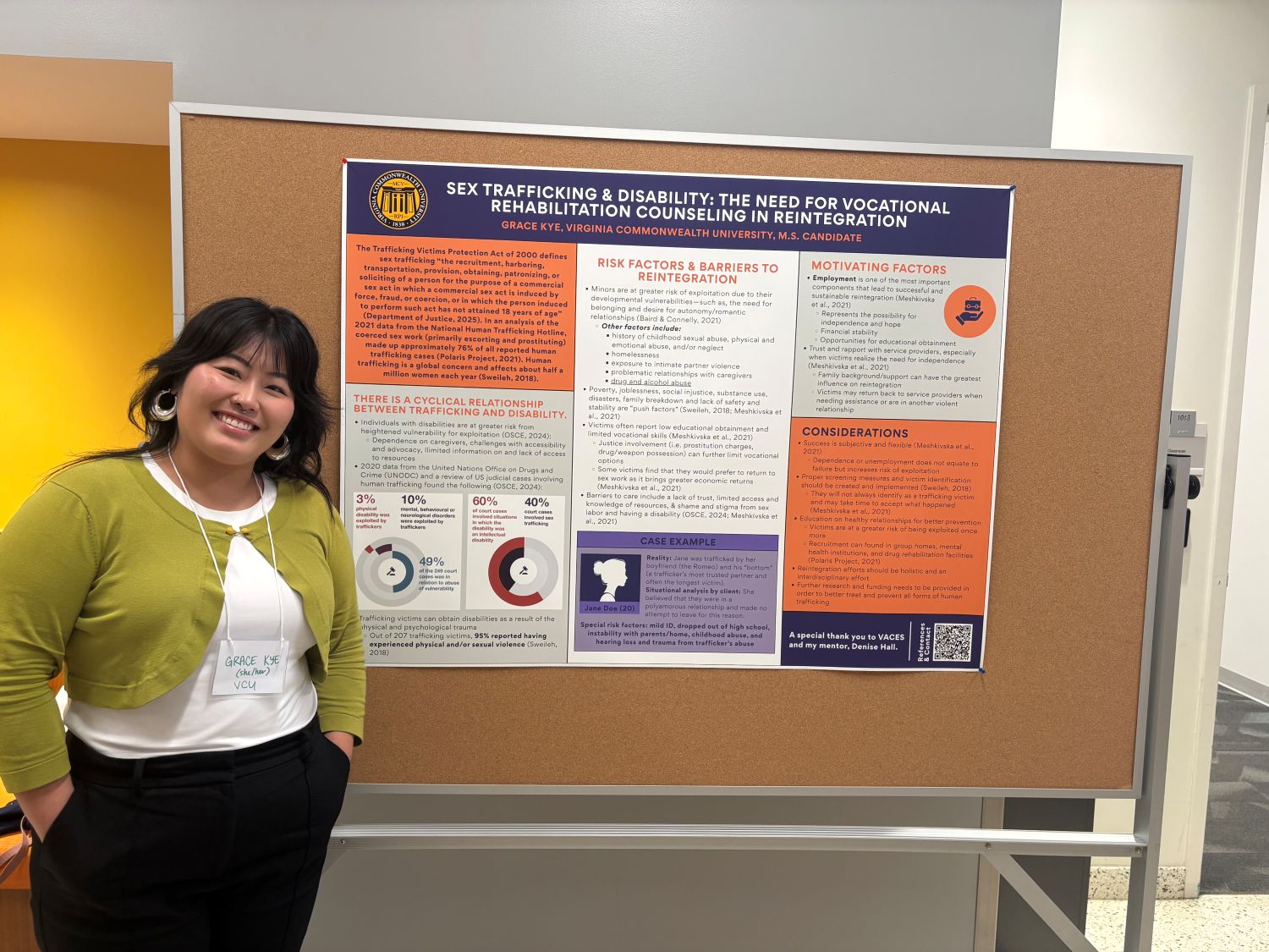 Grace Kye standing in front of her poster titled Sex Trafficking & Disability: The Need for Vocational Rehabilitation Counseling in Reintegration